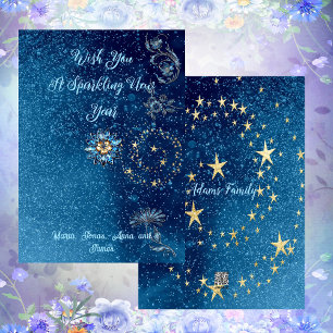 Blue Sparkling New Year Glitzer Cheer Stars Floral Feiertagskarte