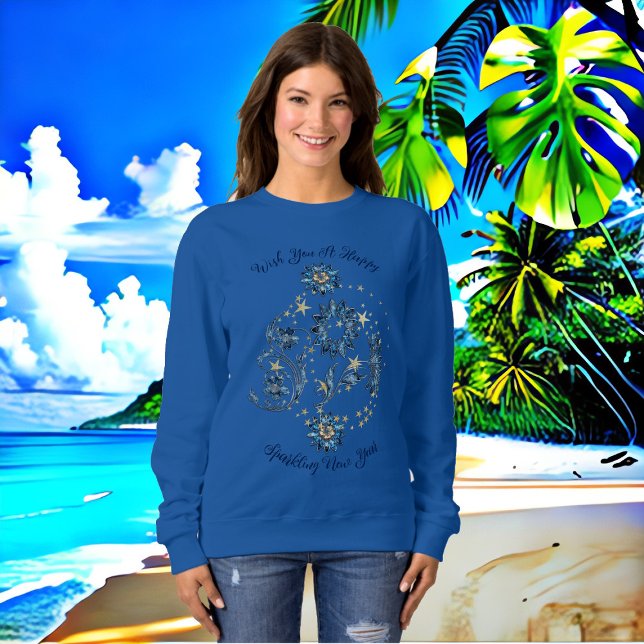Blue Sparkling New Year Glitzer Cheer Stars Floral Sweatshirt (Blue Sparkling New Year Glitter Cheer Stars Floral Sweatshirt)