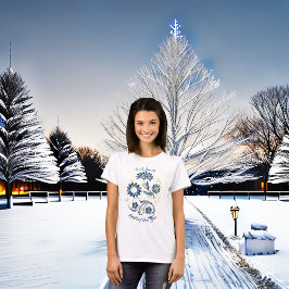 Blue Sparkling New Year Glitzer Cheer Stars Floral T-Shirt