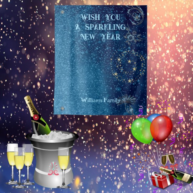 Blue Sparkling New Year Glitzer Cheer Stars Floral Wandteppich (Blue Sparkling New Year Glitter Cheer Stars Floral Tapestry)