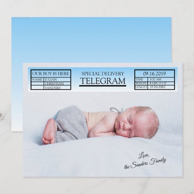 Blue Special Telegramm Geburtsankündigung für Jung Einladung (Vorne/Hinten)