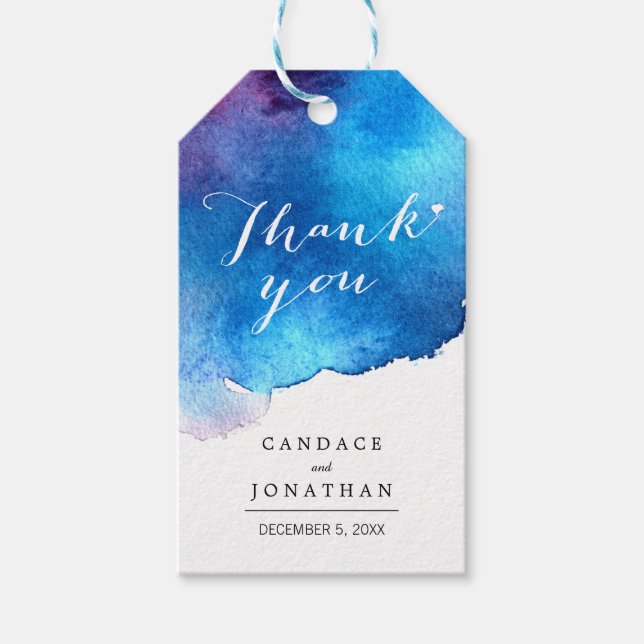 Blue Splash Watercolor Hochzeit Geschenkanhänger (Vorderseite)