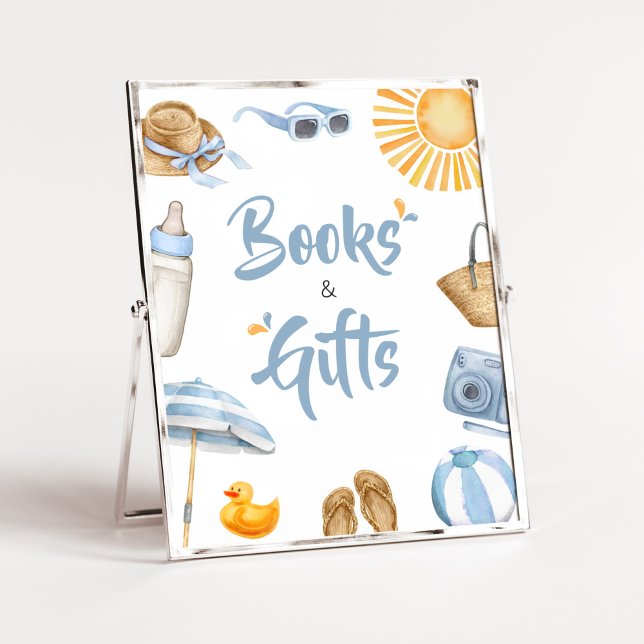 Blue Splish Splash Baby Duschbücher und Geschenke Poster (Boy Summer Beach Baby Shower Books and Gifts Sign )