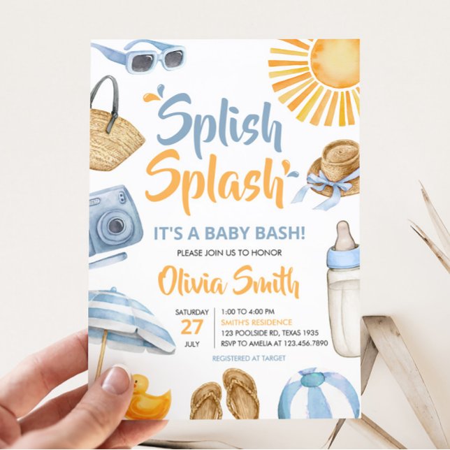 Blue Splish Splash Baby Dusche Einladung (Boy Summer Beach Baby Shower Invitation)
