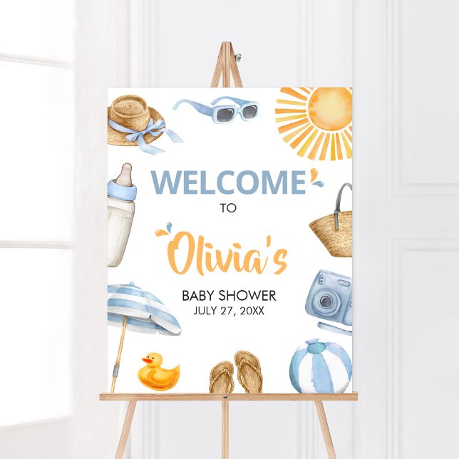Blue Splish Splash Baby Dusche Empfang Poster (Boy Summer Beach Baby Shower Welcome Sign)