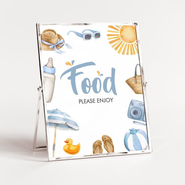 Blue Splish Splash Baby Dusche Nahrung Poster (Boy Summer Beach Baby Shower Food Sign)