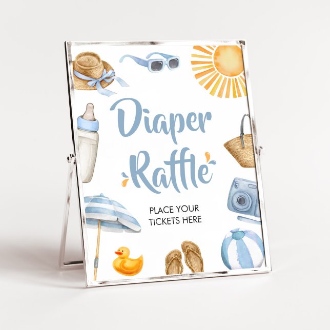 Blue Splish Splash Baby Dusche Windel Raffel Poster (Boy Summer Beach Baby Shower Diaper Raffle Sign)