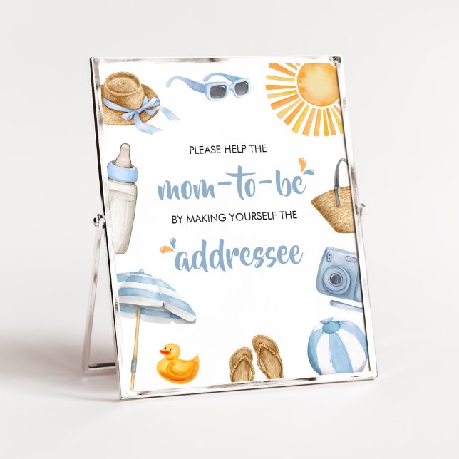 Blue Splish Splash Baby Duschvorrichtung Poster (Boy Summer Beach Baby Shower Envelope Station Sign)