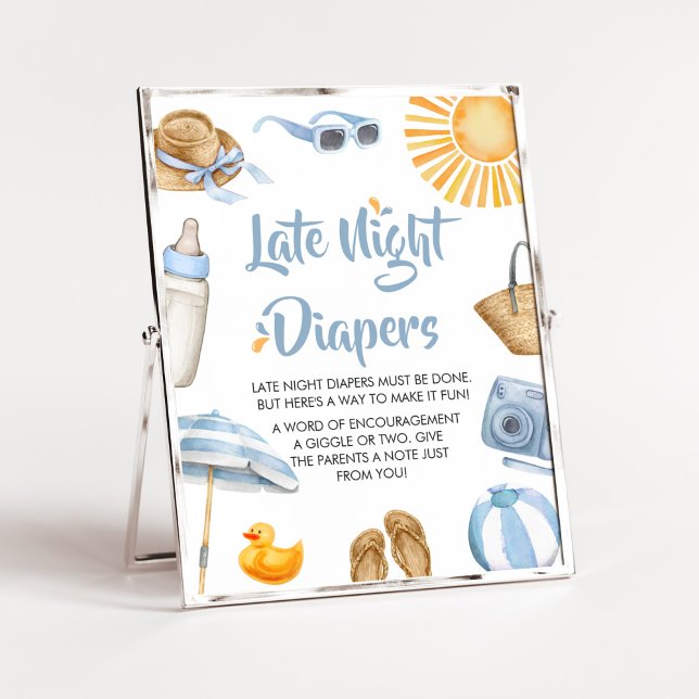 Blue Splish Splash Babydusche Späte Nachttaucher Poster (Boy Summer Beach Baby Shower Late Night Diapers Sign)