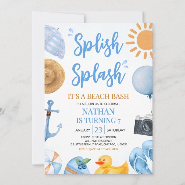 Blue Splish Splash Beach Bash Birthday Einladung (Vorderseite)
