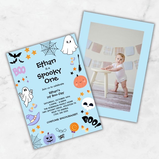 Blue Spooky Ein Niedliches Foto Halloween 1. Gebur Einladung (Blue Spooky One Cute Photo Halloween 1st Birthday Invitation )