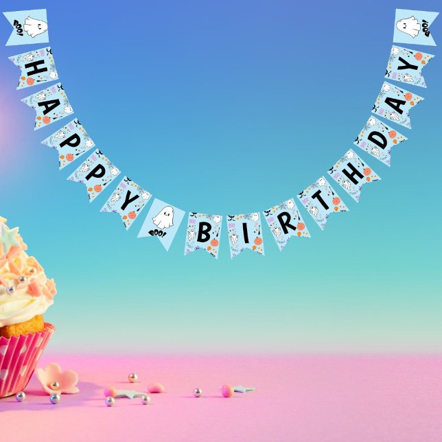 Blue Spooky Ein Niedliches Halloween glücklicher G Wimpelkette (Blue Spooky One Cute Ghost Halloween Happy Birthday Bunting Flags)
