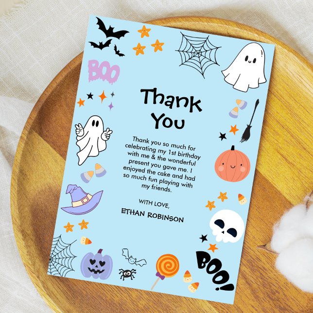 Blue Spooky One Niedlich Ghost Halloween 1. Geburt Dankeskarte (Blue Spooky One Cute Ghost Boy Halloween 1st Birthday Thank You Card   )