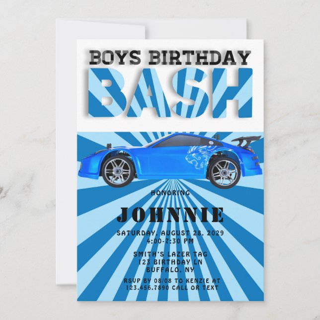 Blue Sports Car Boys Bash Geburtstagsparty Einladung (Vorderseite)