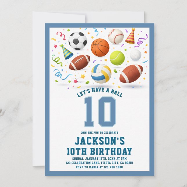 Blue Sports Let’s Have a Ball Birthday Invitation Einladung (Vorderseite)