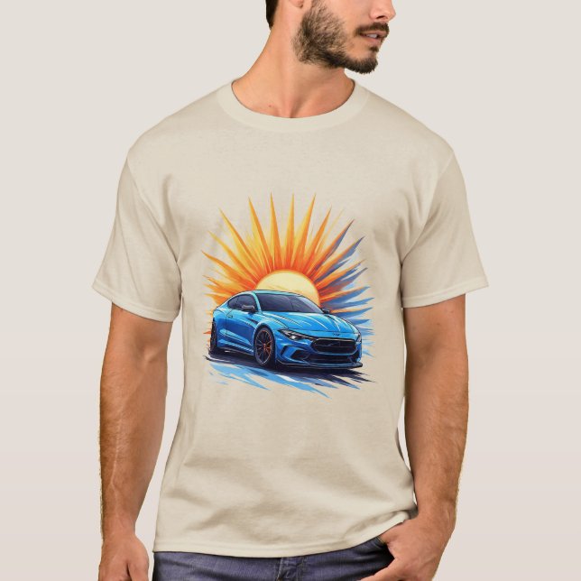 Blue Sporty Car gegen das helle Sonnenbrust-Showca T-Shirt (Vorderseite)