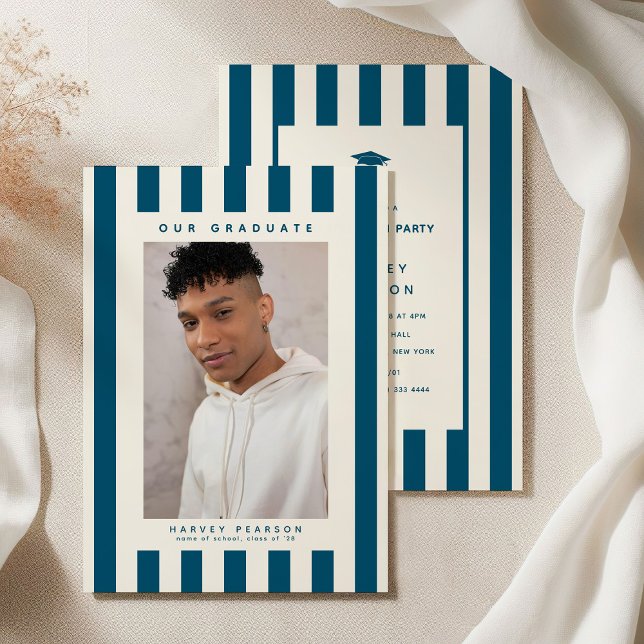 Blue Sporty Stripes 2 Photo Graduation Party Einladung (Von Creator hochgeladen)
