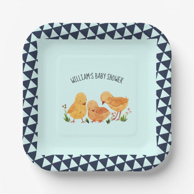Blue Spring Litcken Chicken Family Boy Baby Dusche Pappteller (Vorderseite)