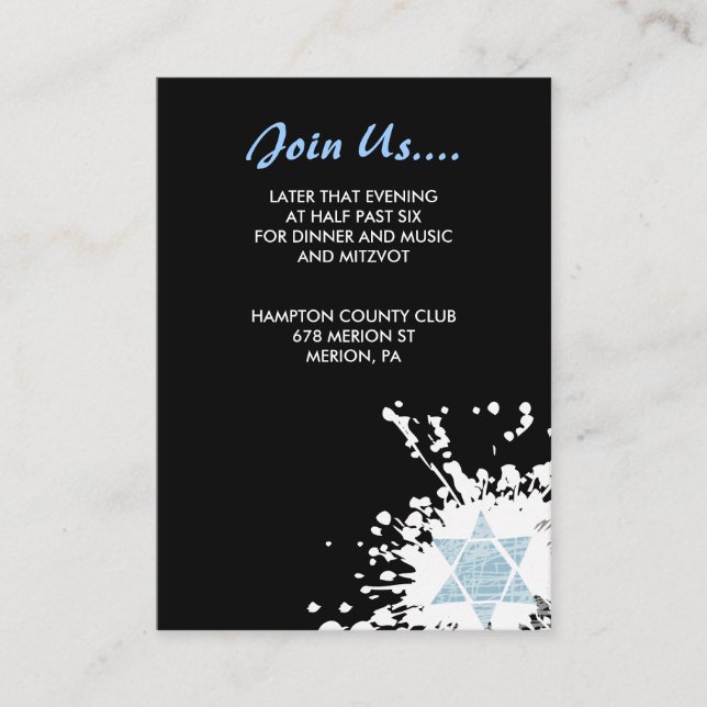 Blue Spritzer Star Bar Bat Mitzvah Empfang Card Begleitkarte (Vorderseite)