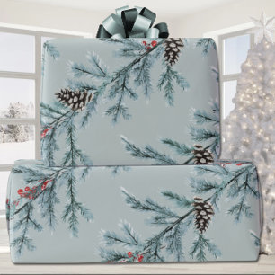 Blue Spruce Cones Red Ilex Berries Garland Geschenkpapier