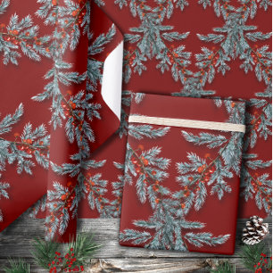 Blue Spruce Red Berries Lattice Dunkelrot Geschenkpapier