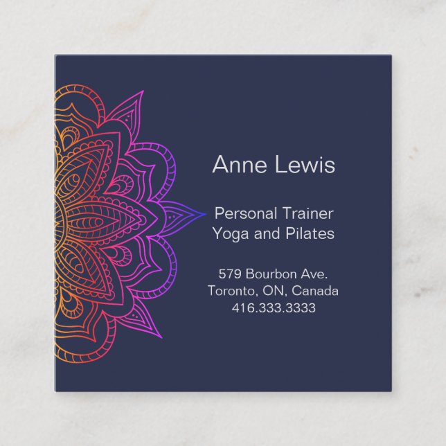 Blue Square Business Card mit Floral Mandala Quadratische Visitenkarte (Vorderseite)