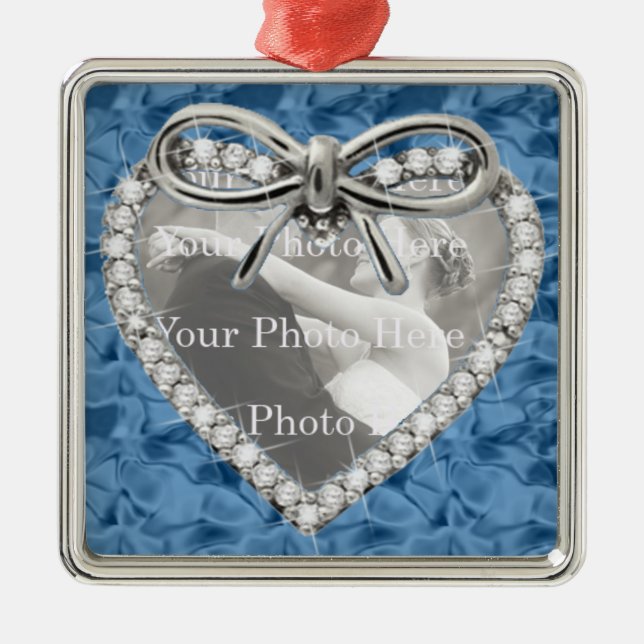 Blue Square Diamond Herz Rahmen Ornament. Silbernes Ornament (Vorne)