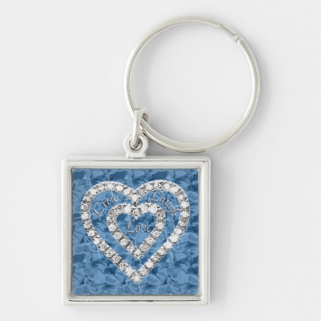 Blue Square Live Laugh Liebe Diamond Heart Keychai Schlüsselanhänger (Vorne)