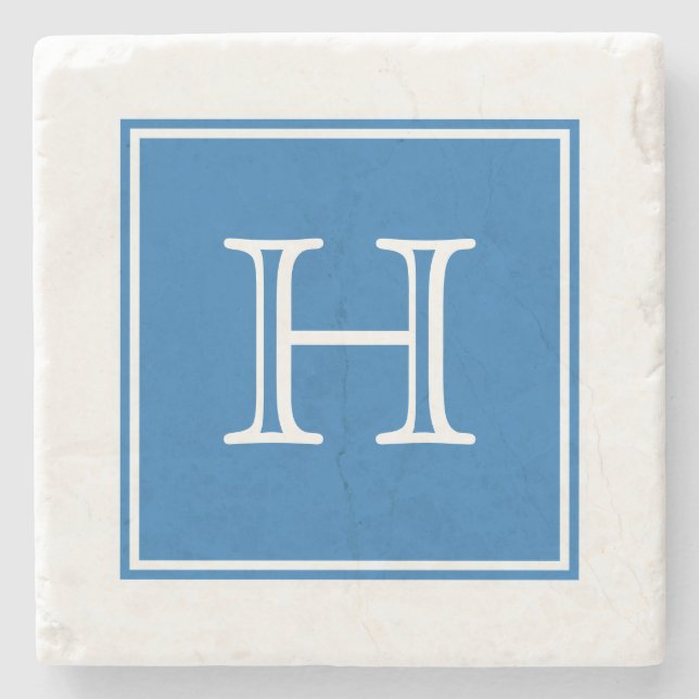 Blue Square Monogram Stone Untersetzer (Vorderseite)