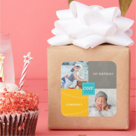 Blue Square Sketch One Baby Boy 1. Geburtstag Foto Quadratischer Aufkleber