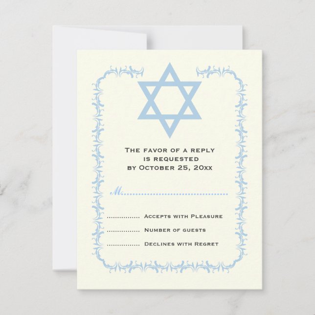 Blue Star David Damask Bat Mitzvah Antwortkarte RSVP Karte (Vorderseite)