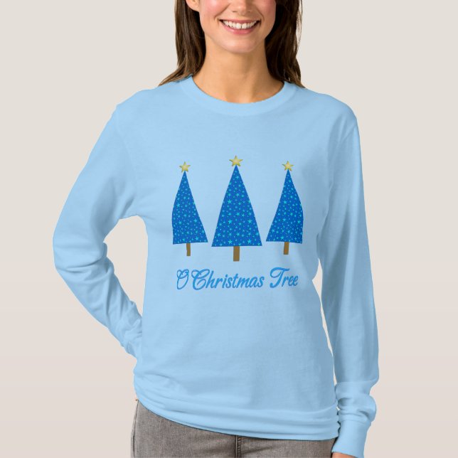 Blue Star Muster Moderne Weihnachtsbaumen T-Shirt (Vorderseite)