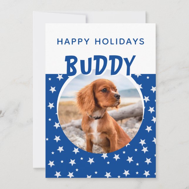 Blue Star Pattern Puppy Foto Holiday Card (Vorderseite)
