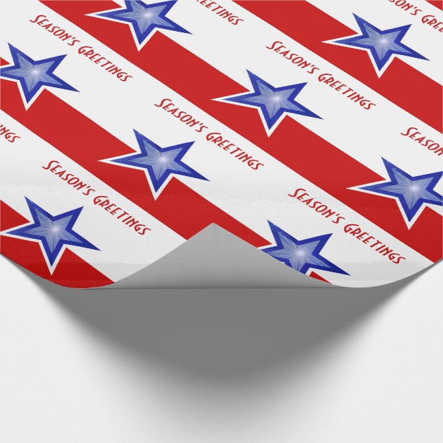 Blue Star Red Season's Greetings Stripe Geschenkpapier (Ecke)