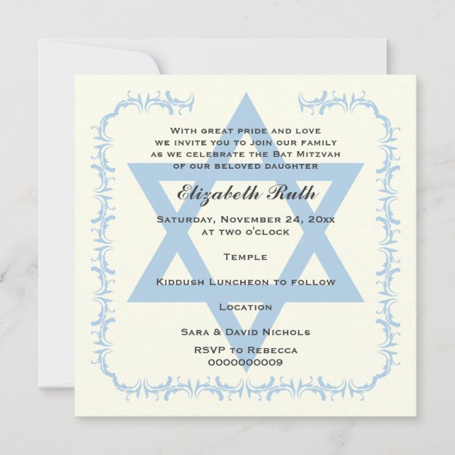 Blue Star von David Damask Bat Mitzvah Einladung (Vorderseite)