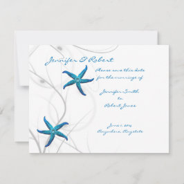Blue Starfish and Silver Coral Save the Date Card