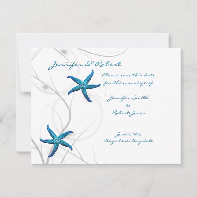 Blue Starfish and Silver Coral Save the Date Card (Vorderseite)