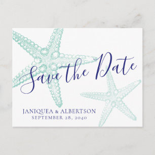 Blue Starfish Beach Hochzeit Save the Date Postcar Ankündigungspostkarte