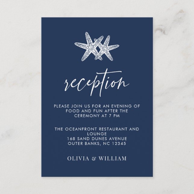 Blue Starfish Beach Hochzeitstag Empfang Begleitkarte (Vorderseite)