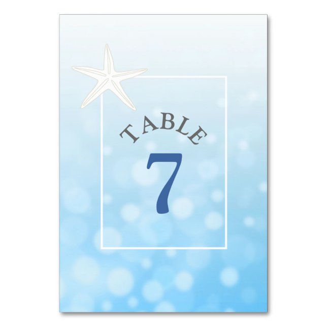 Blue Starfish Beach Wedding Tischnummer Card (Vorderseite)