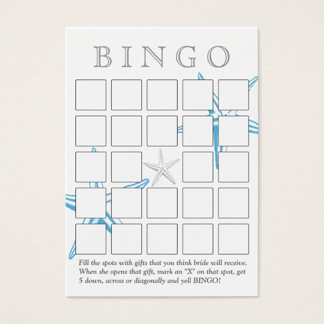 Blue Starfish Bingokarte 5 x 5 Brautparty (Vorderseite)