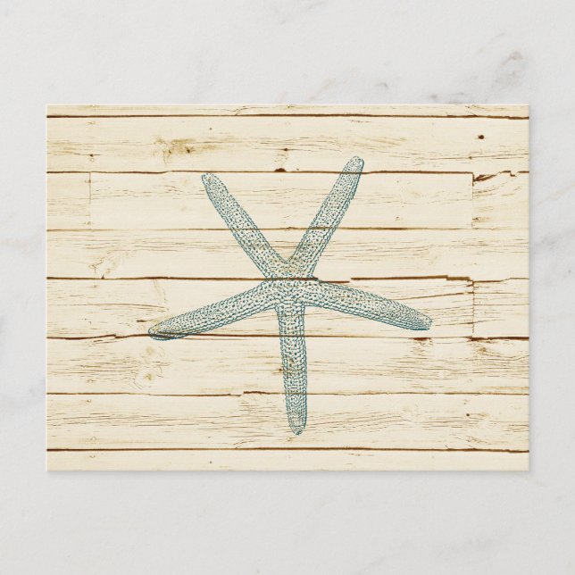 Blue Starfish Imitate Cream Wood Beach Postkarte (Vorderseite)