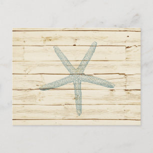Blue Starfish Imitate Cream Wood Beach Postkarte