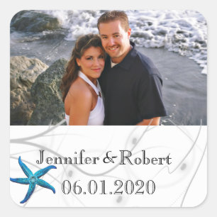 Blue Starfish mit Silver Coral Hochzeit Quadratischer Aufkleber
