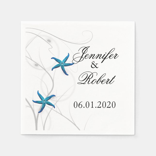 Blue Starfish mit Silver Coral Wedkin Napkin Serviette (Vorderseite)