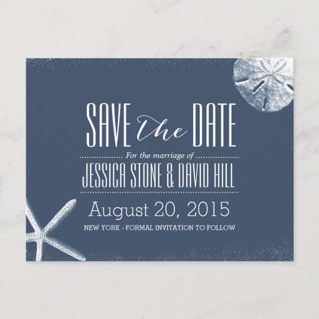 Blue Starfish & Sand Dollar Save the Date Ankündigungspostkarte (Vorderseite)