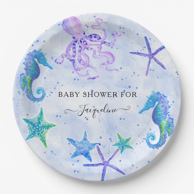 Blue Starfish Seepferd Octopus Beach Baby Dusche Pappteller (Vorderseite)