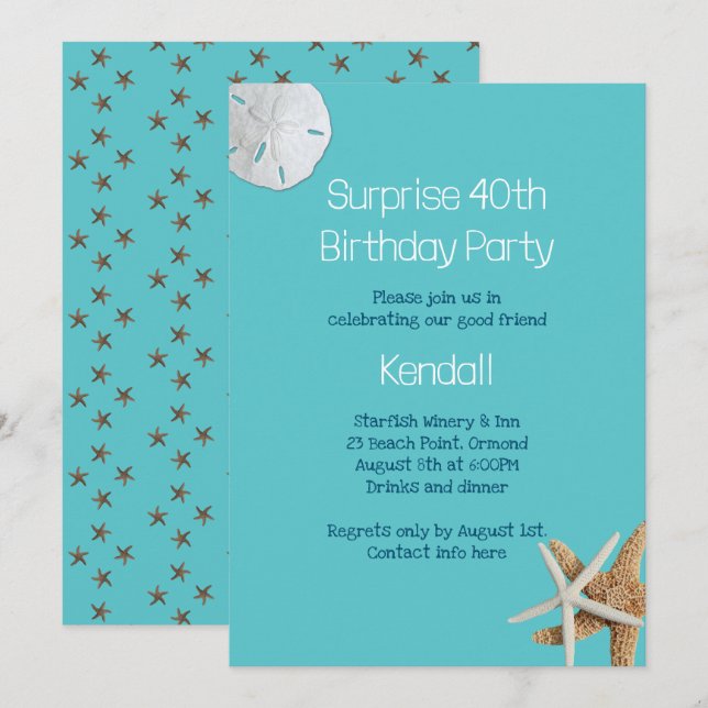 Blue Starfish Überraschung Geburtstagsparty Einlad Einladung (Vorne/Hinten)