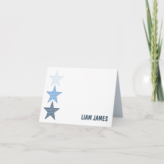 Blue Starry Gingham Folded Thank You Card Dankeskarte (Vorderseite)