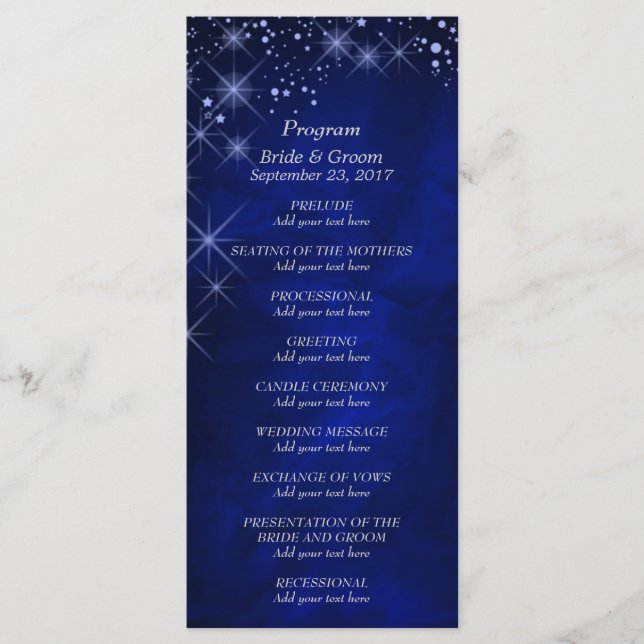 Blue Starry Night Wedding Program Rack Card Programm (Vorderseite)